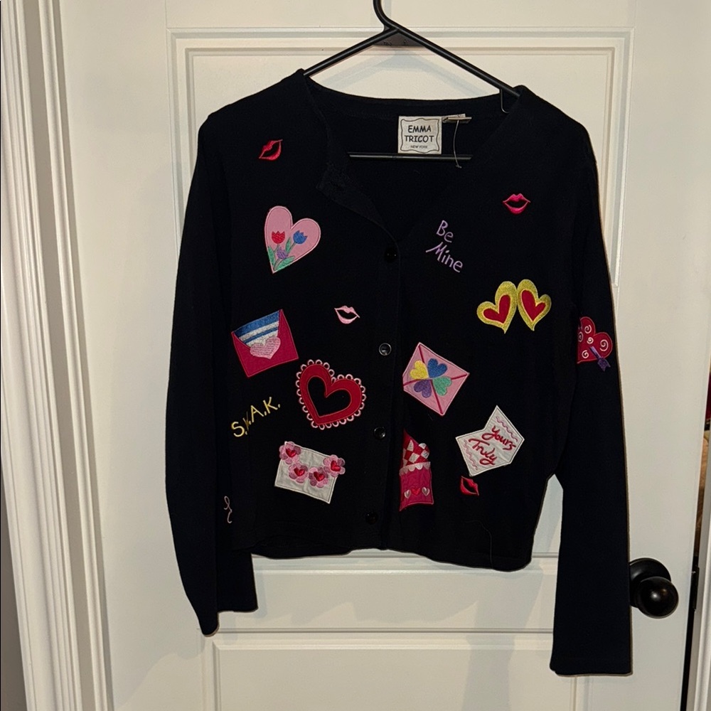 Black and Pink Cardigan with Colorful Appliqués and Cropped Style